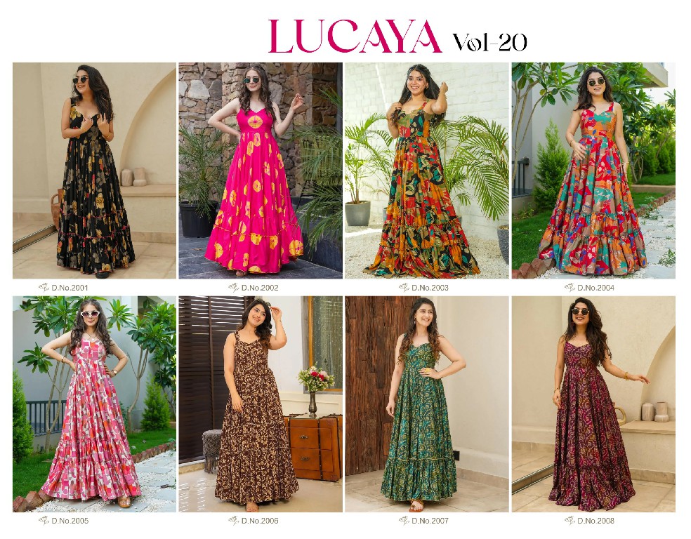 lucaya vol 20 digital print ethnic wear fully flared readymade gown setlucaya vol 20 digital print ethnic wear fully flared readymade gown set