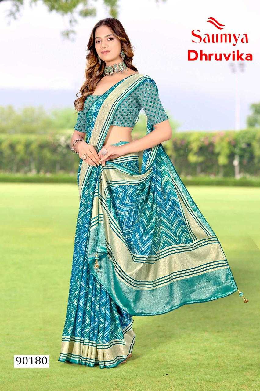 saumya dhruvika classic look brasso printed saree with blouse