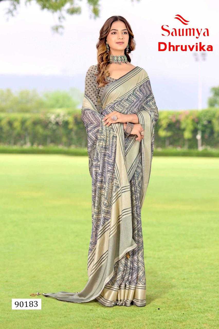 saumya dhruvika classic look brasso printed saree with blouse