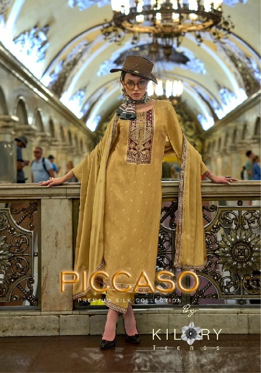Kilory Piccaso Wholesale Pure Woven Silk With Fancy Handwork Function Wear Suits