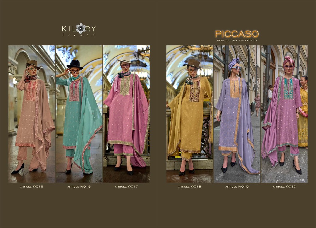 Kilory Piccaso Wholesale Pure Woven Silk With Fancy Handwork Function Wear Suits