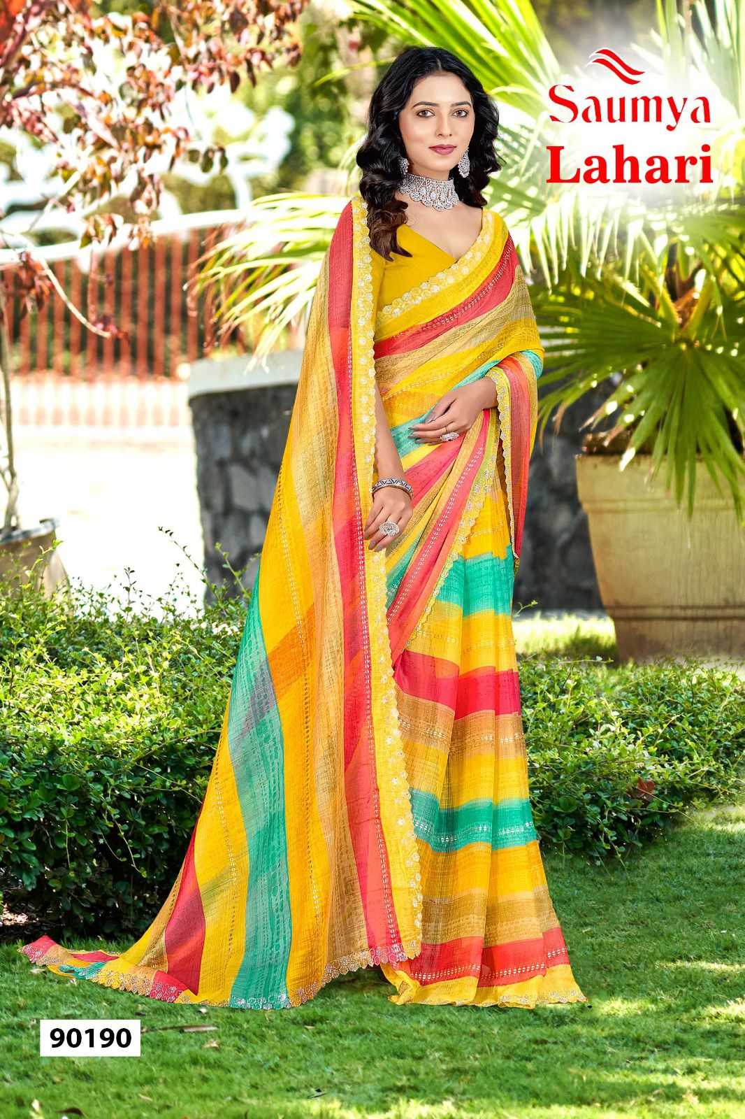 lahari by saumya siroski work trendy golden chiffon saree collection