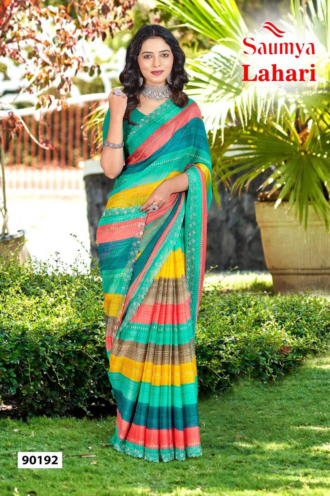 lahari by saumya siroski work trendy golden chiffon saree collection