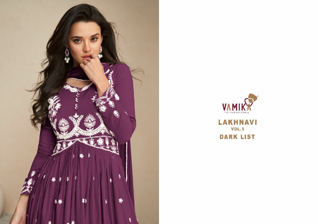 lakhnavi vol 5 dark list by vamika rayon palazzo style fashionable fullstitch 3pcs dress