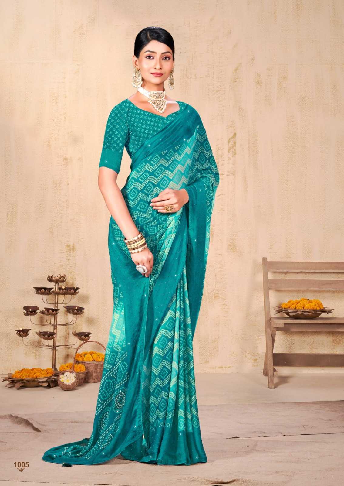 meera bandhej by kiyra saree siroski work print saree