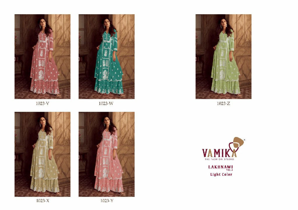 lakhnavi vol 4 light color by vamika rayon white thread full stitch party wear 3pcs dress