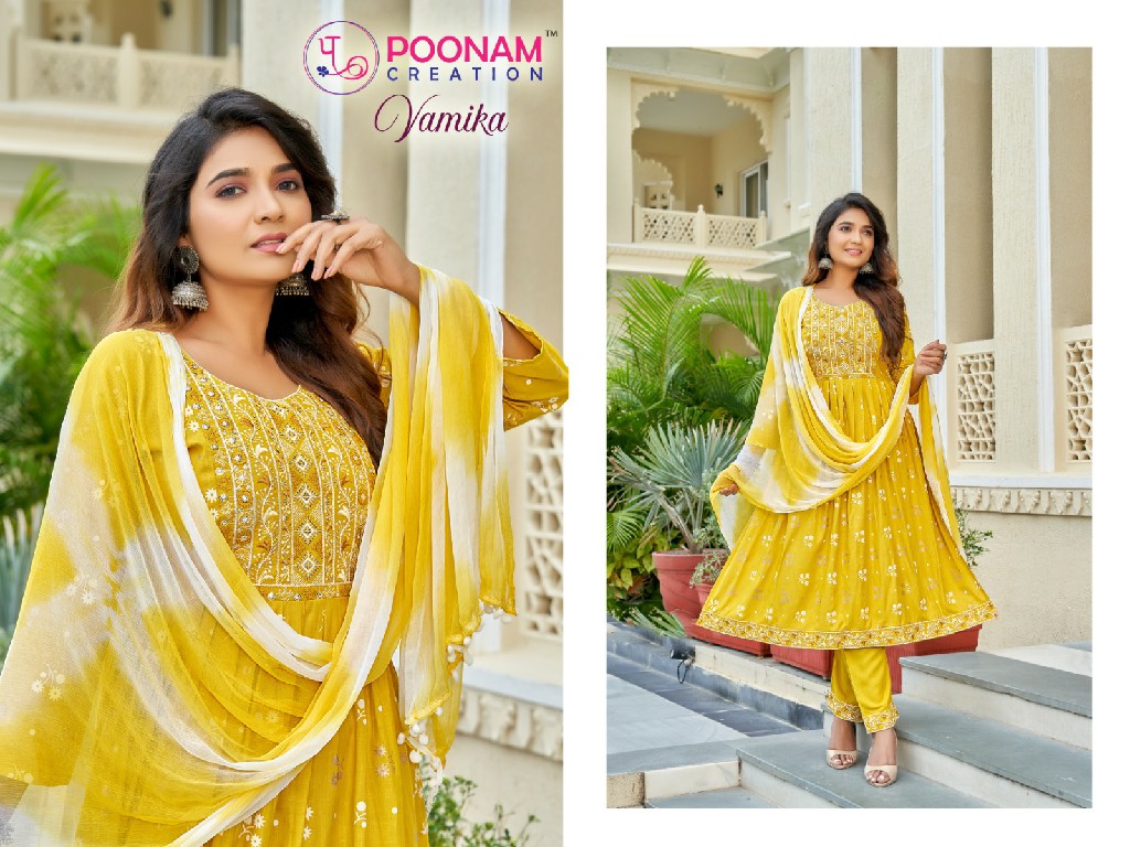 Poonam Vamika Wholesale Heavy Reyon Slub Kurtis With Pant And Dupatta