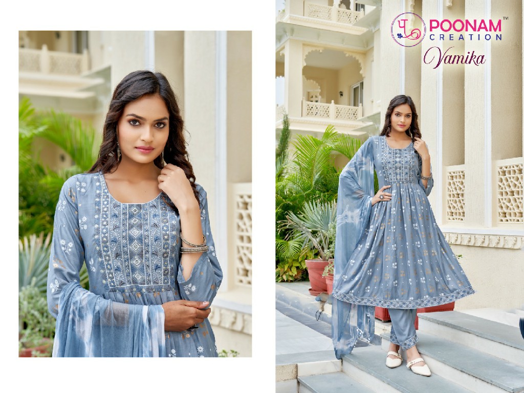 Poonam Vamika Wholesale Heavy Reyon Slub Kurtis With Pant And Dupatta