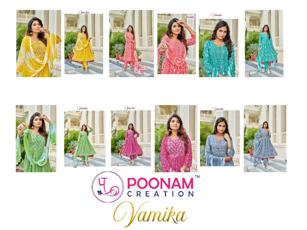 Poonam Vamika Wholesale Heavy Reyon Slub Kurtis With Pant And Dupatta