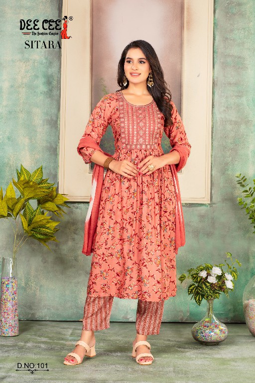 Dee Cee Sitara Wholesale Rayon Foil Print Ghera Kurtis With Pant And Dupatta