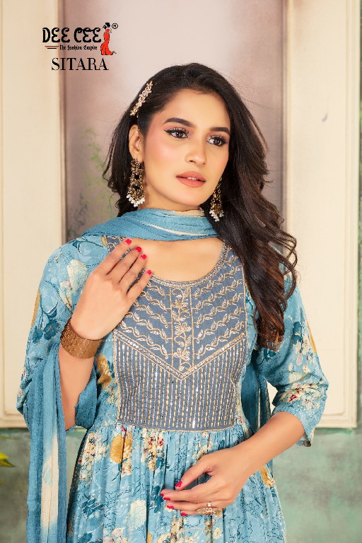 Dee Cee Sitara Wholesale Rayon Foil Print Ghera Kurtis With Pant And Dupatta