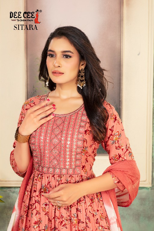 Dee Cee Sitara Wholesale Rayon Foil Print Ghera Kurtis With Pant And Dupatta