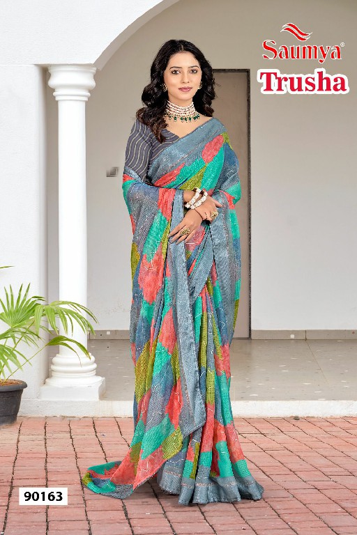 Saumya Trusha Wholesale Delonix Border Double Print With Foil Sarees