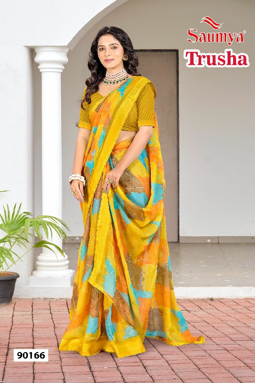 Saumya Trusha Wholesale Delonix Border Double Print With Foil Sarees