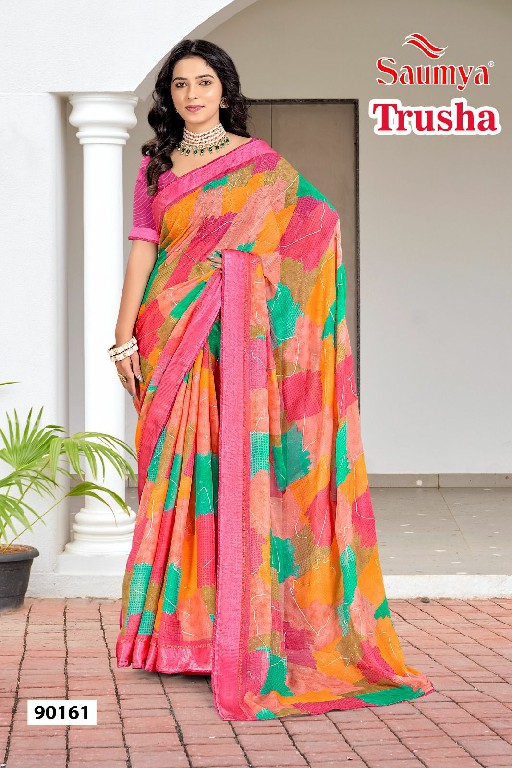 Saumya Trusha Wholesale Delonix Border Double Print With Foil Sarees