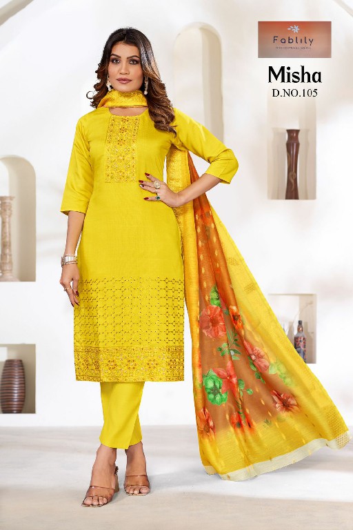 Fablily Misha Wholesale Vatican Gold With Embroidery Kurti With Pant And Dupatta