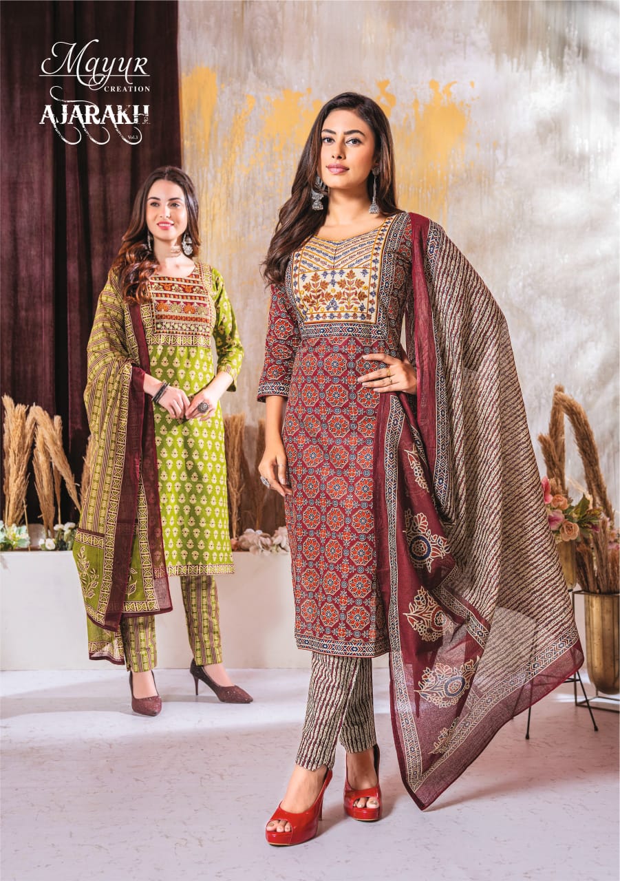 MAYUR CREATION AJARAKH VOL 3 COTTON THREAD WORK READYMADE 3PCS SET