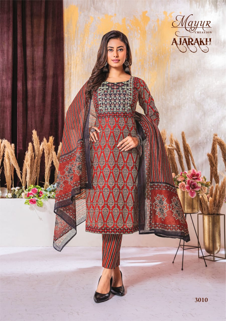 MAYUR CREATION AJARAKH VOL 3 COTTON THREAD WORK READYMADE 3PCS SET