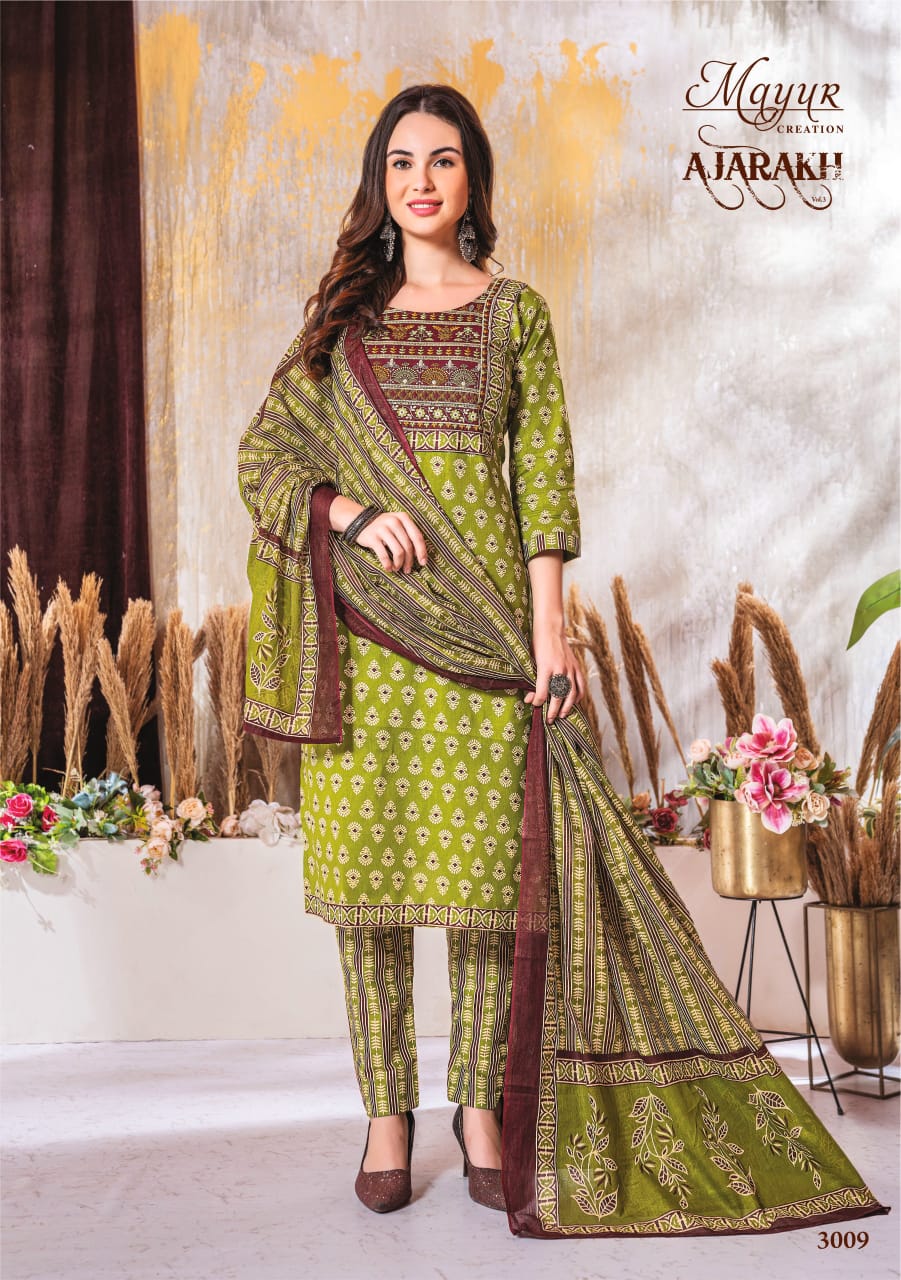 MAYUR CREATION AJARAKH VOL 3 COTTON THREAD WORK READYMADE 3PCS SET