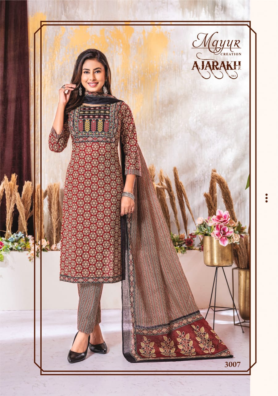 MAYUR CREATION AJARAKH VOL 3 COTTON THREAD WORK READYMADE 3PCS SET
