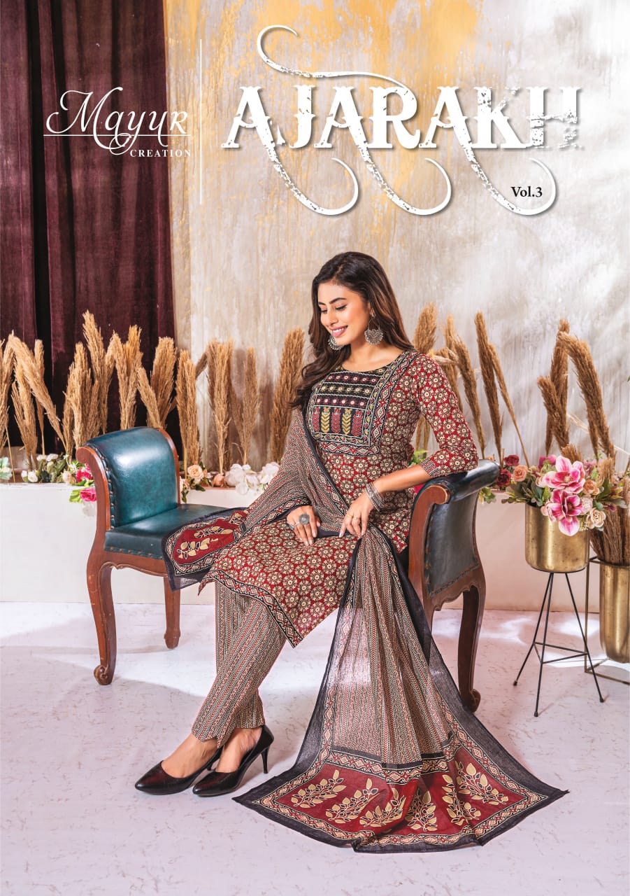 MAYUR CREATION AJARAKH VOL 3 COTTON THREAD WORK READYMADE 3PCS SET