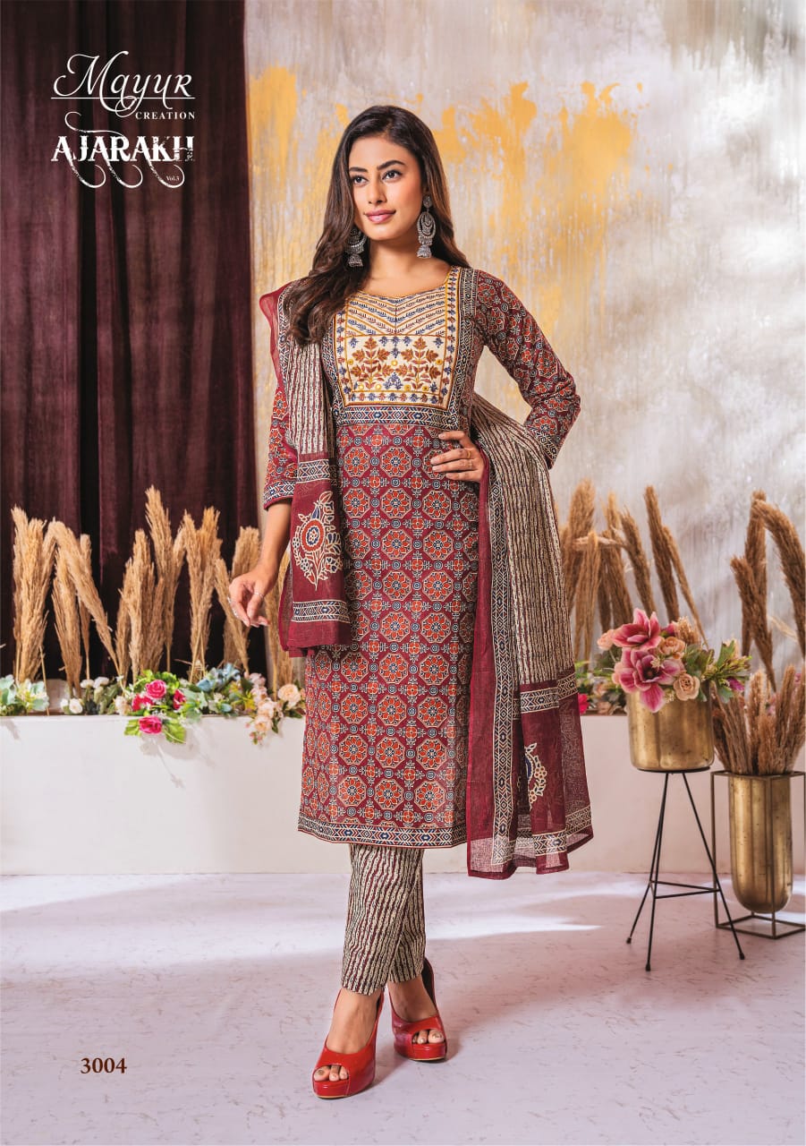 MAYUR CREATION AJARAKH VOL 3 COTTON THREAD WORK READYMADE 3PCS SET