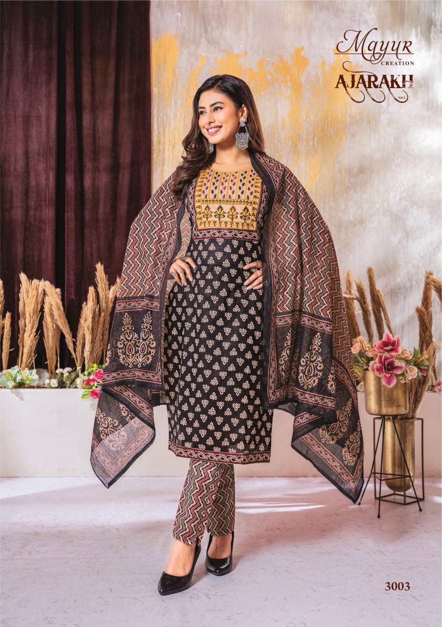 MAYUR CREATION AJARAKH VOL 3 COTTON THREAD WORK READYMADE 3PCS SET