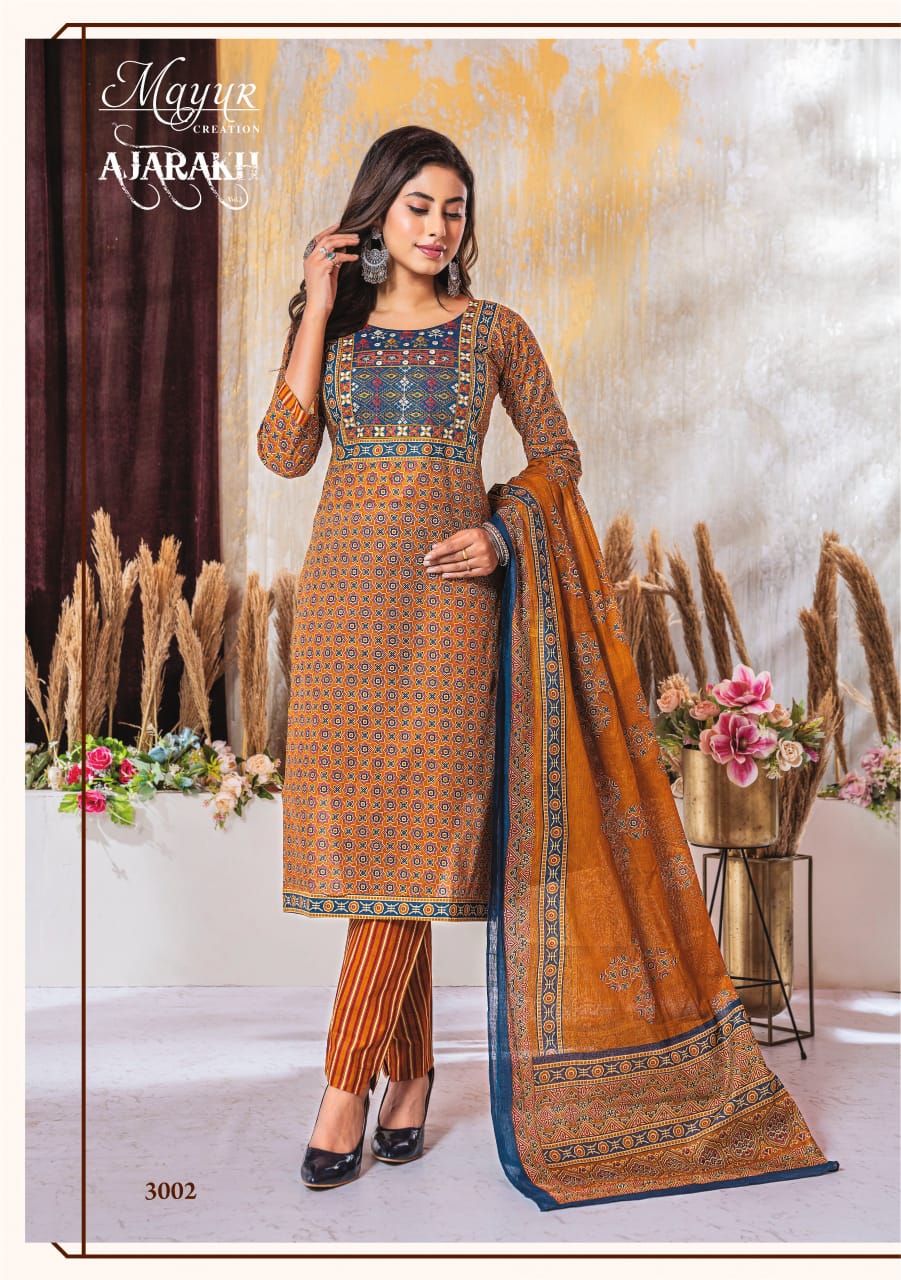 MAYUR CREATION AJARAKH VOL 3 COTTON THREAD WORK READYMADE 3PCS SET
