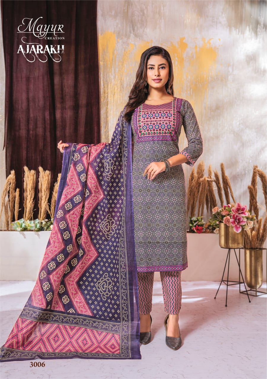 MAYUR CREATION AJARAKH VOL 3 COTTON THREAD WORK READYMADE 3PCS SET