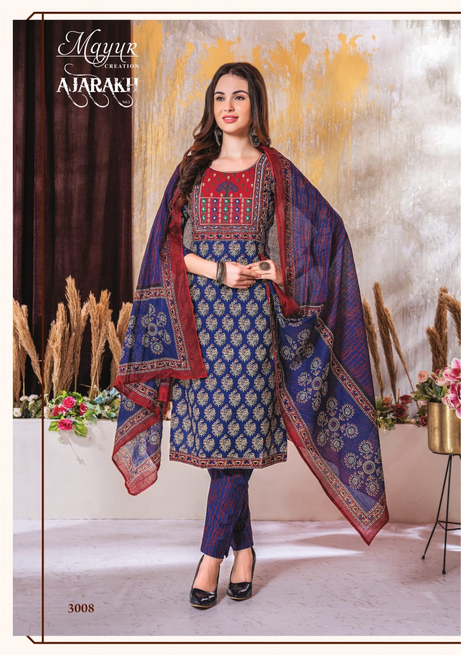 MAYUR CREATION AJARAKH VOL 3 COTTON THREAD WORK READYMADE 3PCS SET