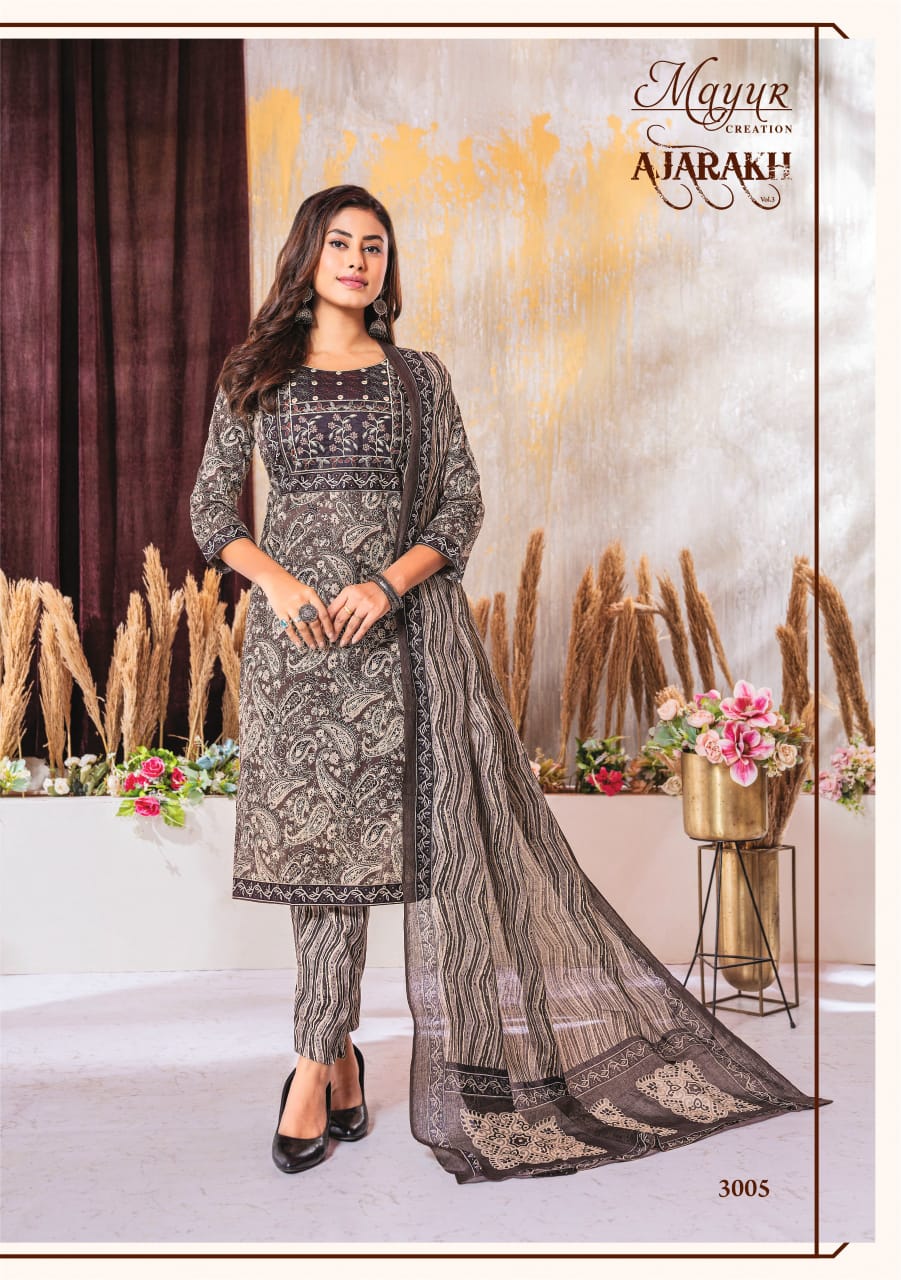 MAYUR CREATION AJARAKH VOL 3 COTTON THREAD WORK READYMADE 3PCS SET