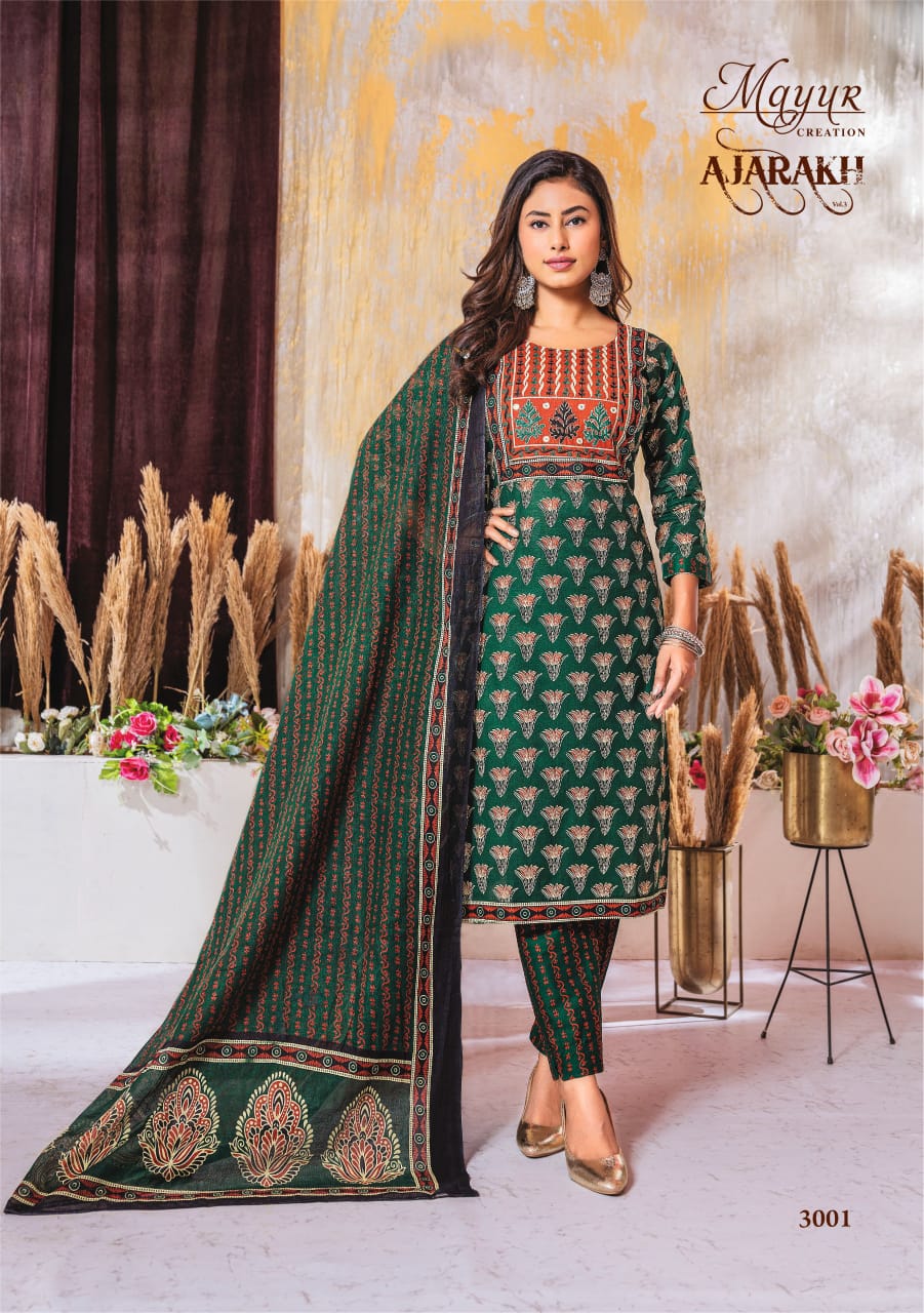 MAYUR CREATION AJARAKH VOL 3 COTTON THREAD WORK READYMADE 3PCS SET
