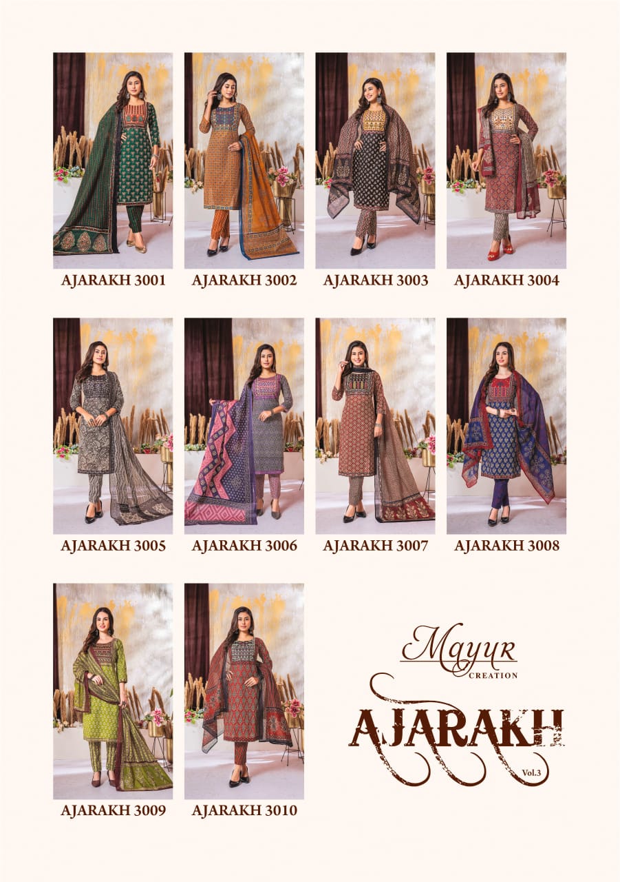 MAYUR CREATION AJARAKH VOL 3 COTTON THREAD WORK READYMADE 3PCS SET