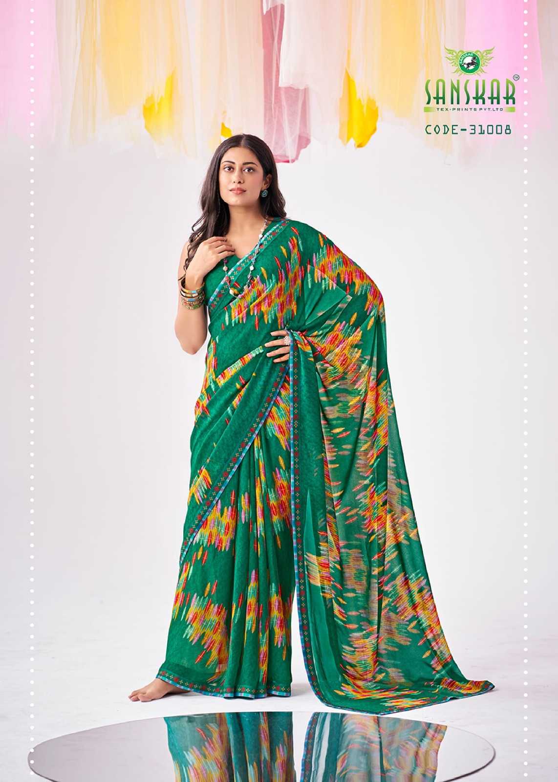 shree by sanskar tex georgette fancy printed saree collection