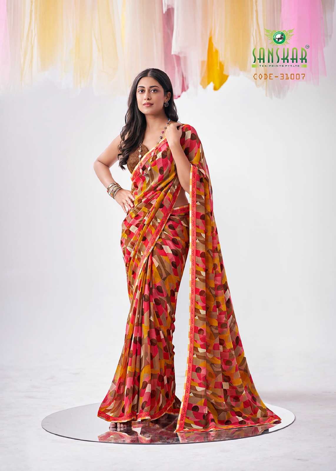 shree by sanskar tex georgette fancy printed saree collection