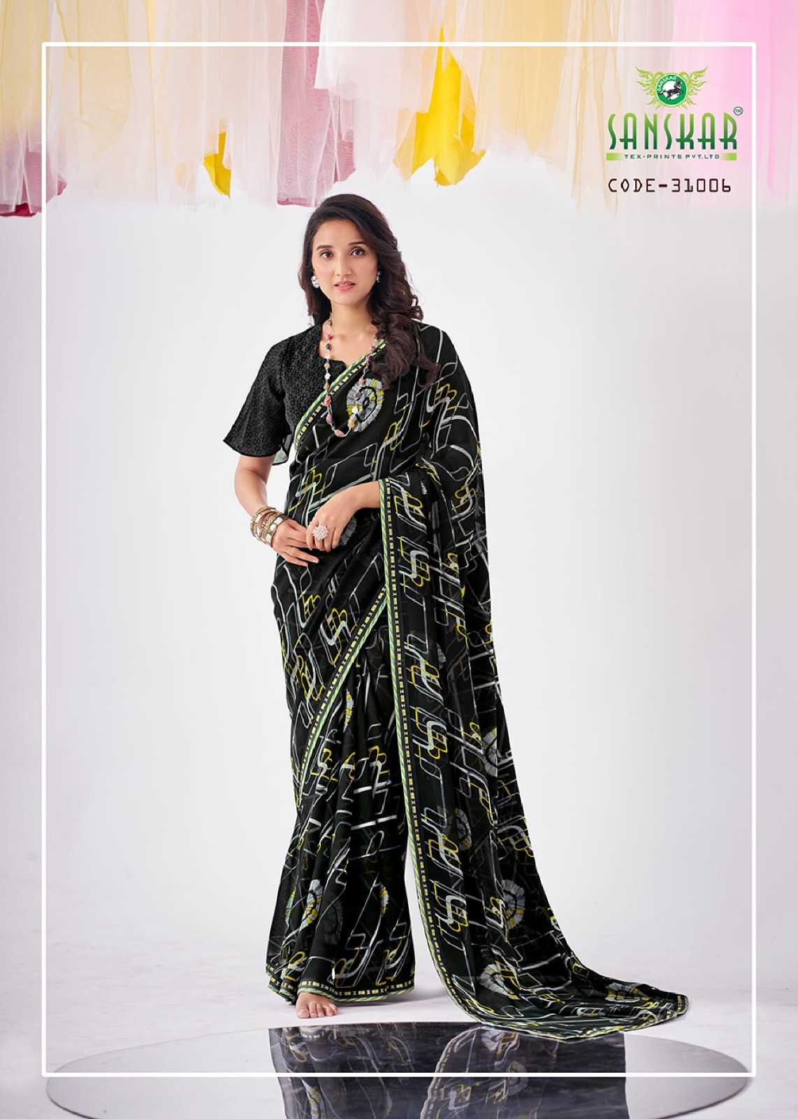 shree by sanskar tex georgette fancy printed saree collection