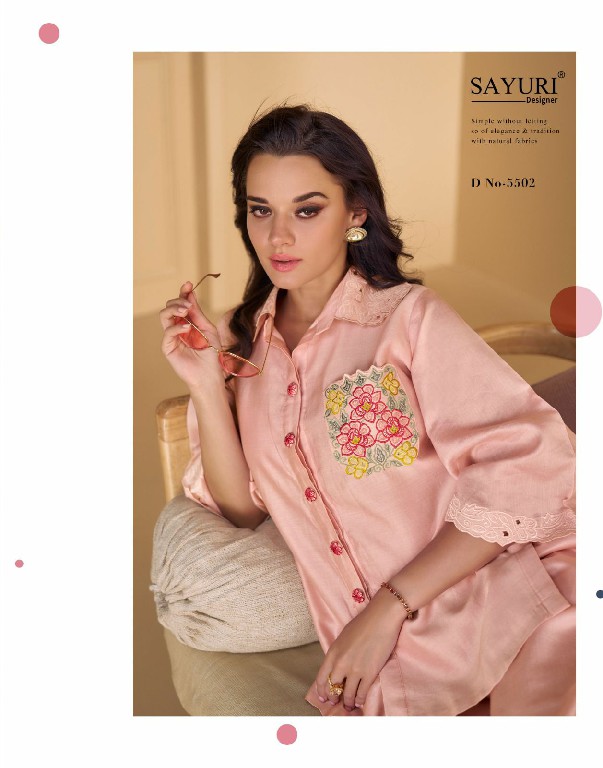 sayuri designer coral silk traditional wear full stitch co-ord set exports