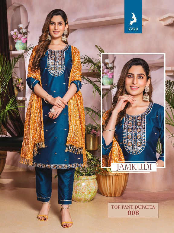 kaya jamkudi chanderi silk fully stitch stylish thread work suits online