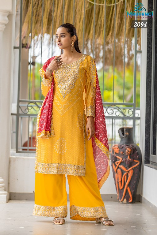 Mrudangi Rakhi Wholesale Real Chinon With Mirror Work Readymade Salwar Suits