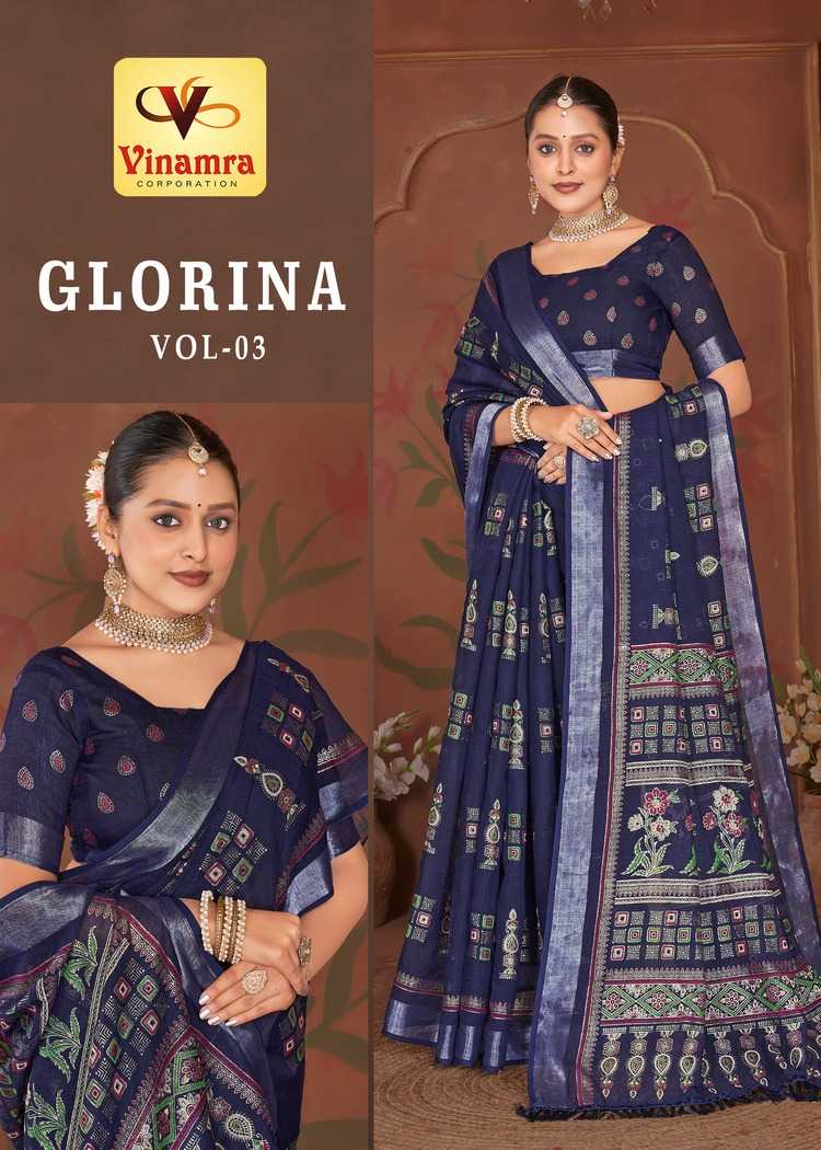 glorina vol 3 by vinamra classic look linen print saree