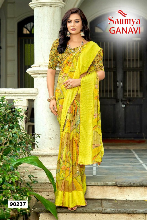 ganavi by saumya comfortable jacquard golden georgette saree exports