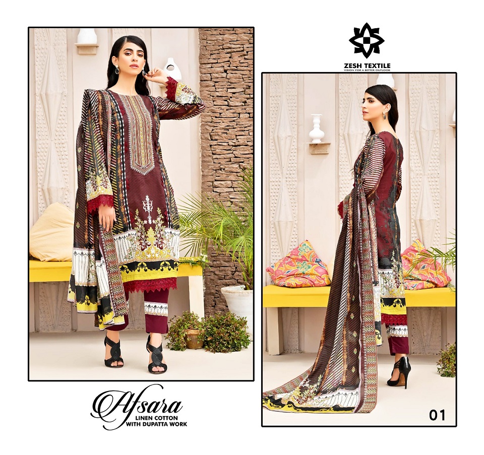 Zesh Textile Afsara Wholesale Linen Cotton With Dupatta Work Dress Material