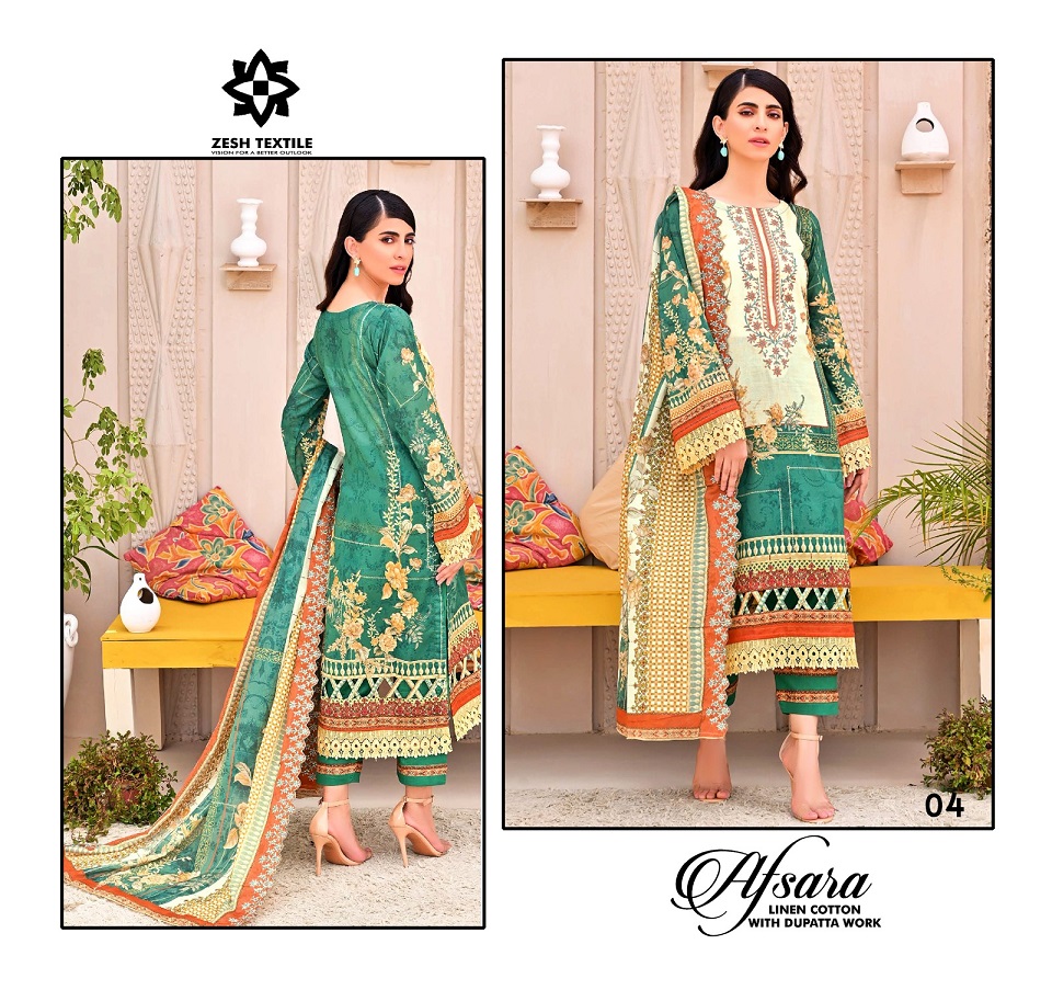 Zesh Textile Afsara Wholesale Linen Cotton With Dupatta Work Dress Material