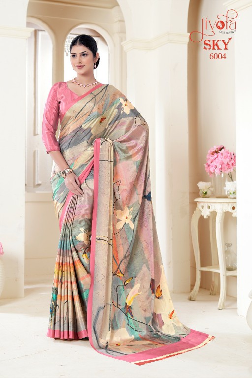 Jivora Sky D.no 6001 To 6020 Series Wholesale Soft Crape With Flower Digital Prints Sarees