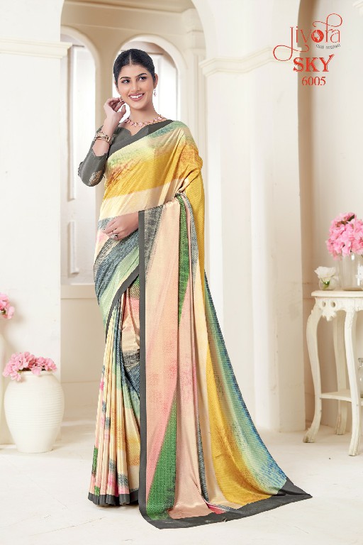 Jivora Sky D.no 6001 To 6020 Series Wholesale Soft Crape With Flower Digital Prints Sarees