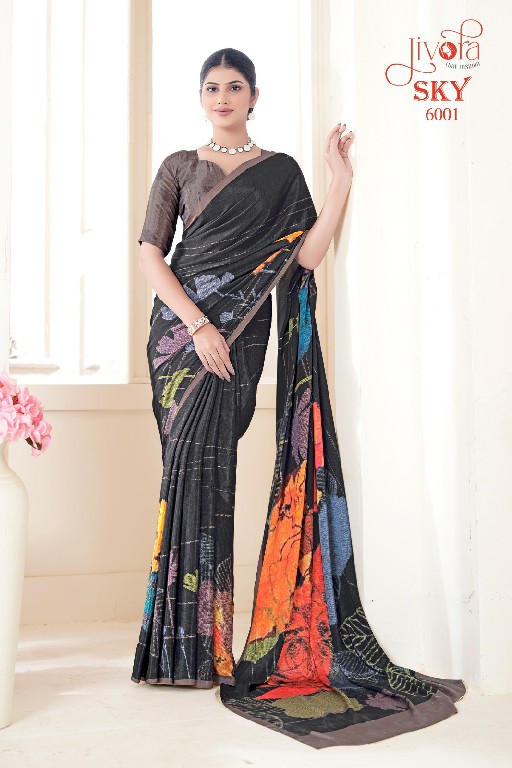 Jivora Sky D.no 6001 To 6020 Series Wholesale Soft Crape With Flower Digital Prints Sarees