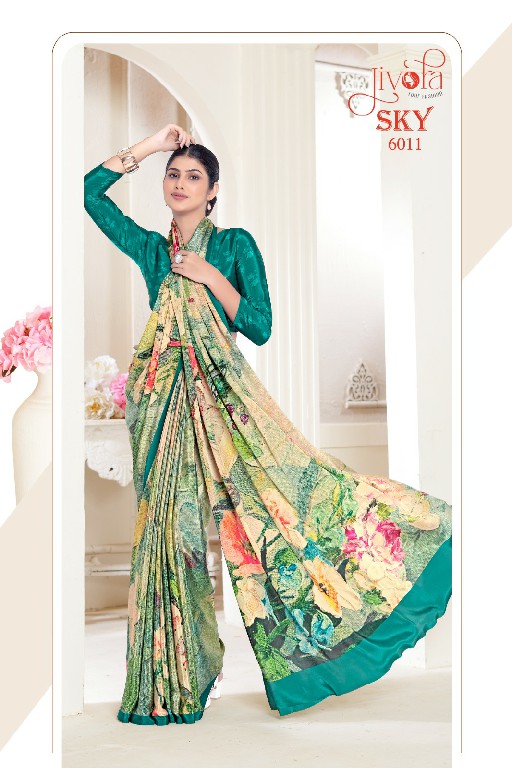 Jivora Sky D.no 6001 To 6020 Series Wholesale Soft Crape With Flower Digital Prints Sarees