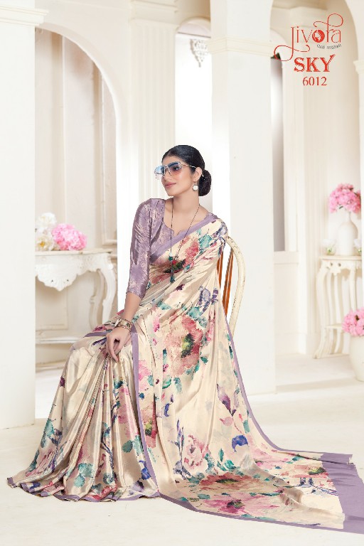 Jivora Sky D.no 6001 To 6020 Series Wholesale Soft Crape With Flower Digital Prints Sarees