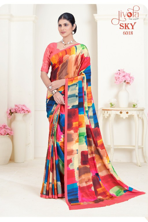 Jivora Sky D.no 6001 To 6020 Series Wholesale Soft Crape With Flower Digital Prints Sarees