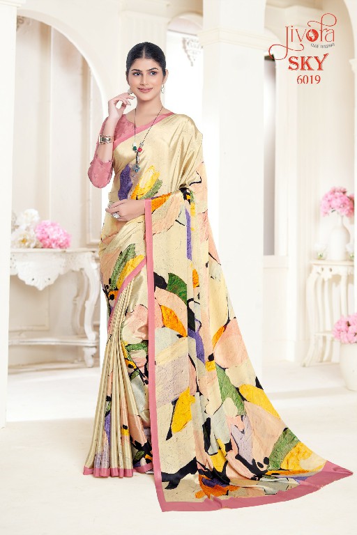 Jivora Sky D.no 6001 To 6020 Series Wholesale Soft Crape With Flower Digital Prints Sarees